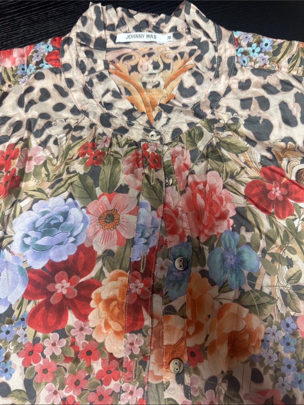 Johnny Was Multicolor Floral & Leopard-Accent Button Front Blouse